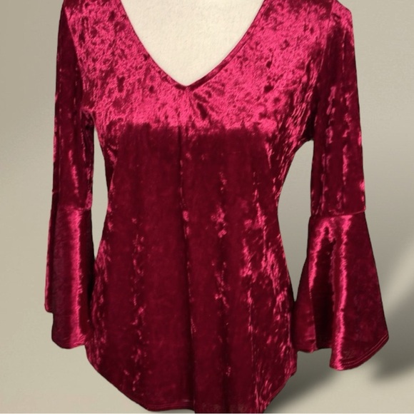 S Levine Crushed Velour Fit & Flare Top Cranberry V-neck Festive Bell Sleeve SM - Picture 2 of 13